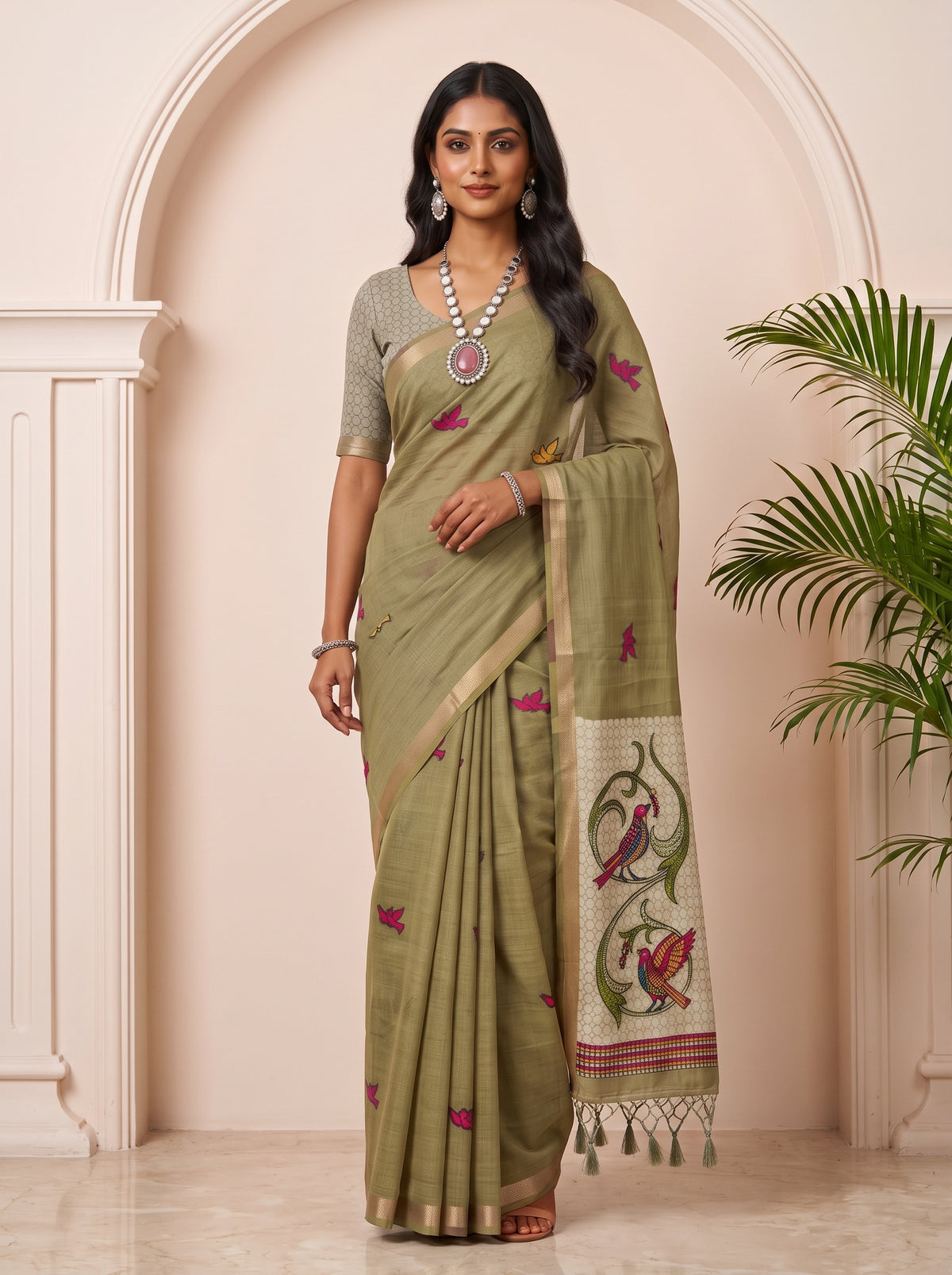 MIMOSA Mehndi Bhagalpuri Cotton linen Saree — pose 9 styling detail