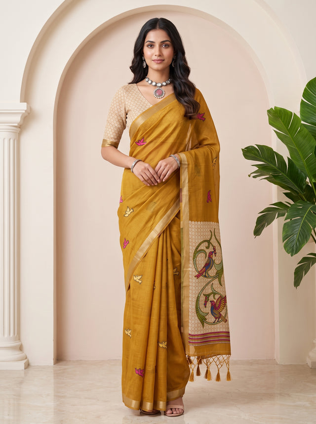 MIMOSA Mustard Bhagalpuri Cotton linen Saree — draped on mannequin