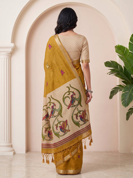 MIMOSA Mustard Bhagalpuri Cotton linen Saree — pallu and body detail