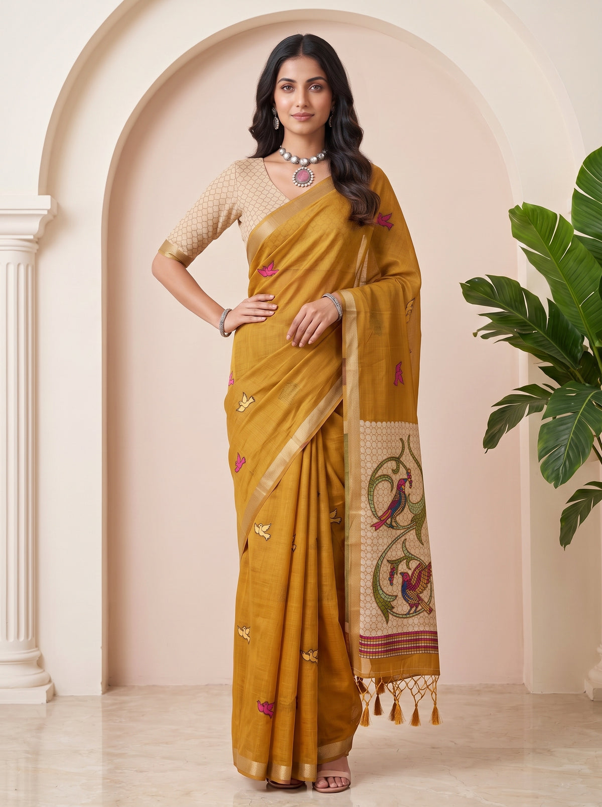 MIMOSA Mustard Bhagalpuri Cotton linen Saree — pose 4 styling detail
