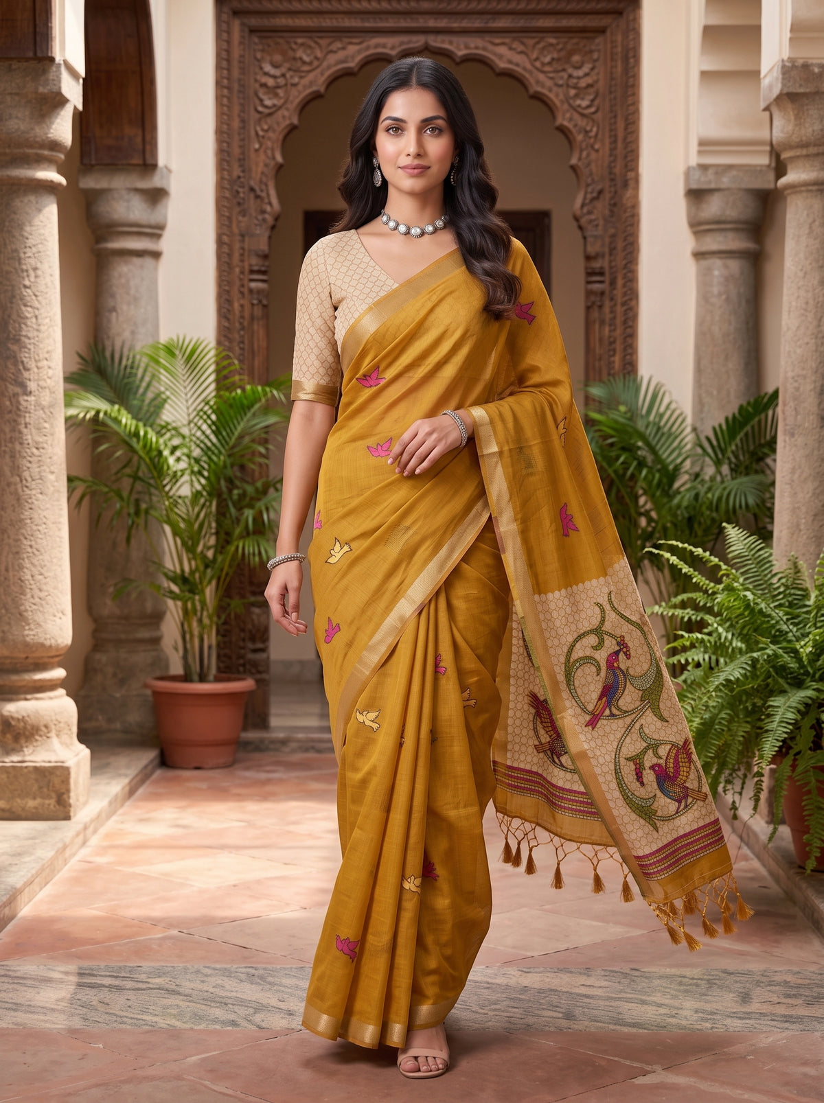 MIMOSA Mustard Bhagalpuri Cotton linen Saree — pose 6 styling detail