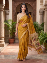 MIMOSA Mustard Bhagalpuri Cotton linen Saree — pose 6 styling detail
