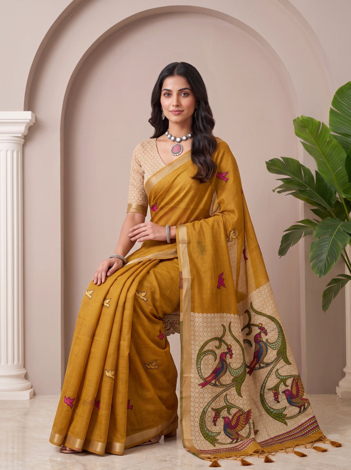 MIMOSA Mustard Bhagalpuri Cotton linen Saree — pose 8 styling detail
