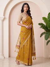 MIMOSA Mustard Bhagalpuri Cotton linen Saree — pose 9 styling detail