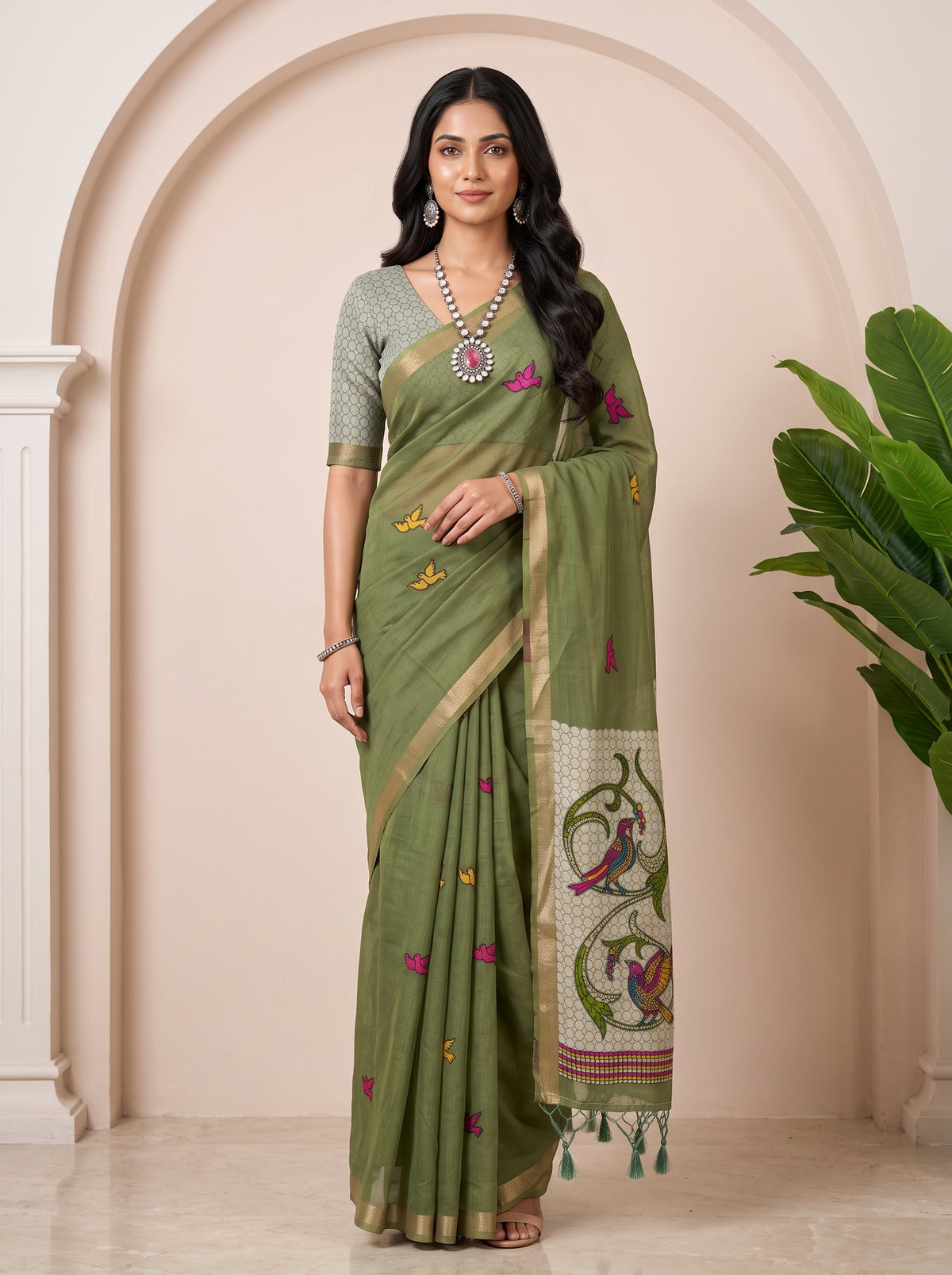 MIMOSA Rama Bhagalpuri Cotton linen Saree — draped on mannequin