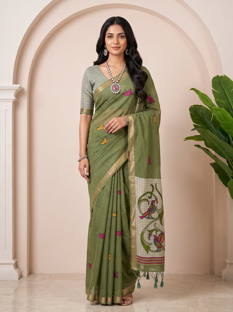 MIMOSA Rama Bhagalpuri Cotton linen Saree — draped on mannequin