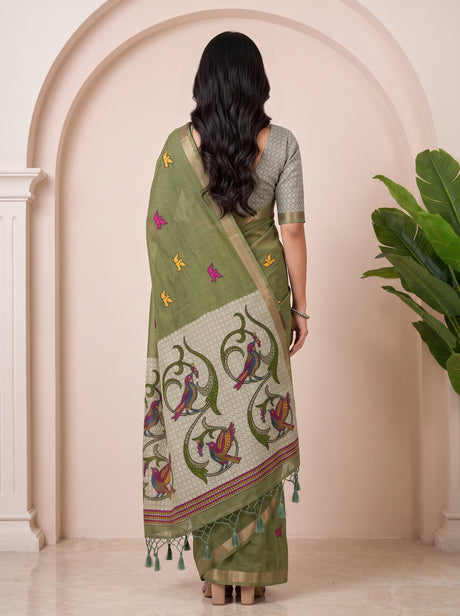 MIMOSA Rama Bhagalpuri Cotton linen Saree — pallu and body detail