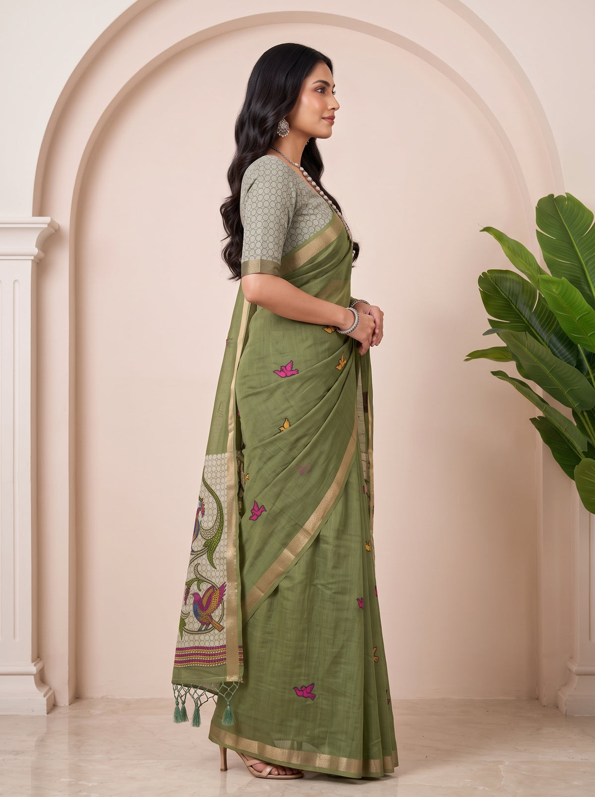 MIMOSA Rama Bhagalpuri Cotton linen Saree — AI model lifestyle pose