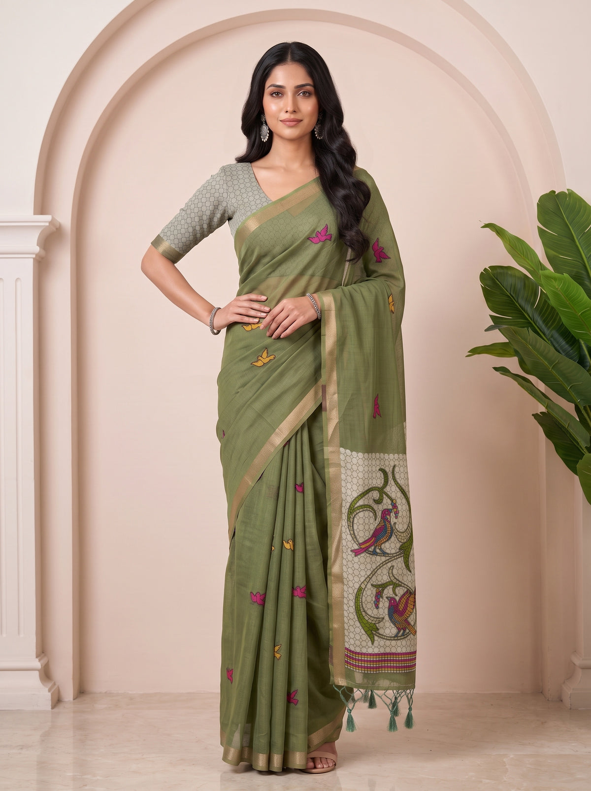 MIMOSA Rama Bhagalpuri Cotton linen Saree — pose 4 styling detail
