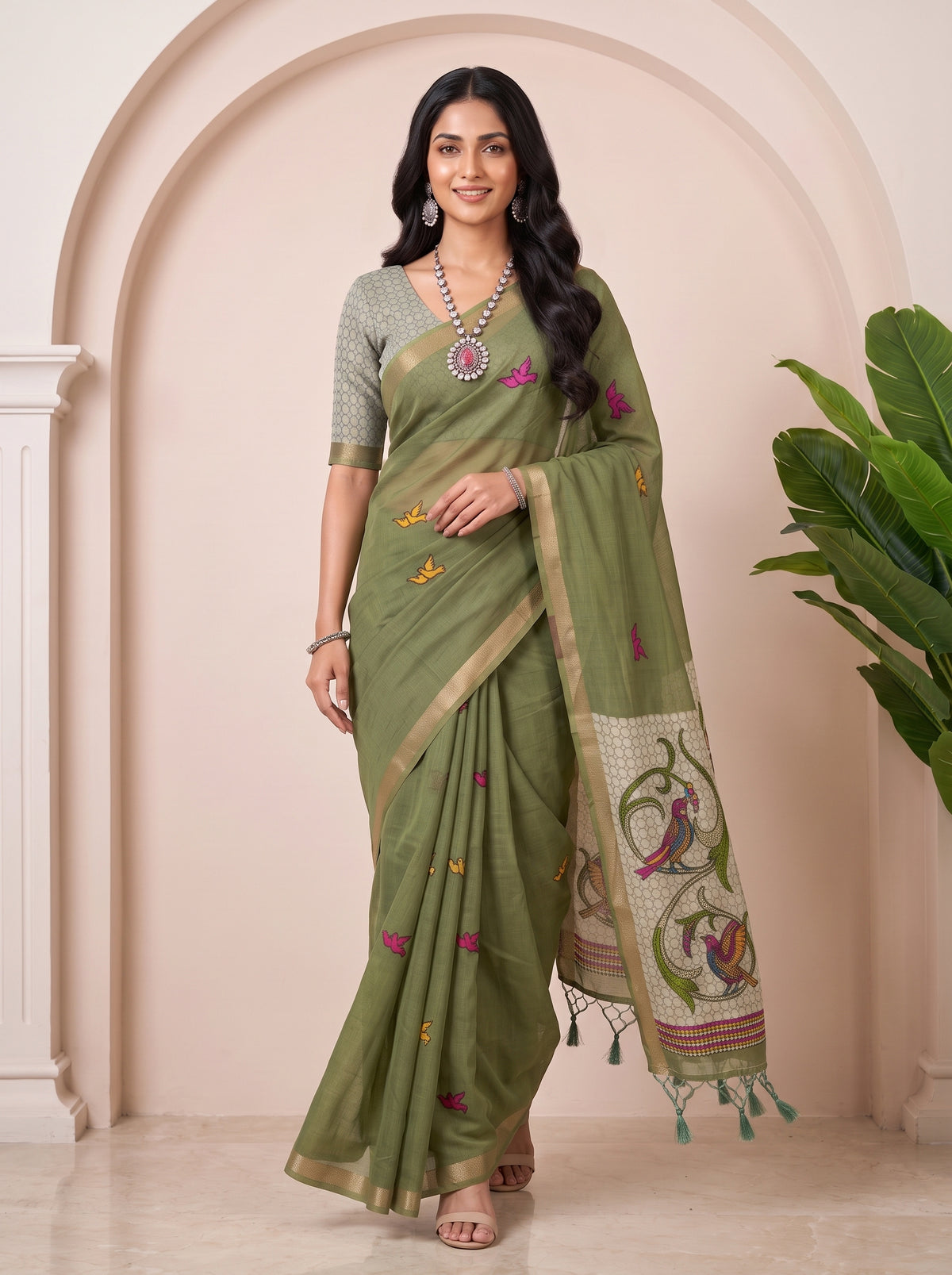MIMOSA Rama Bhagalpuri Cotton linen Saree — pose 6 styling detail