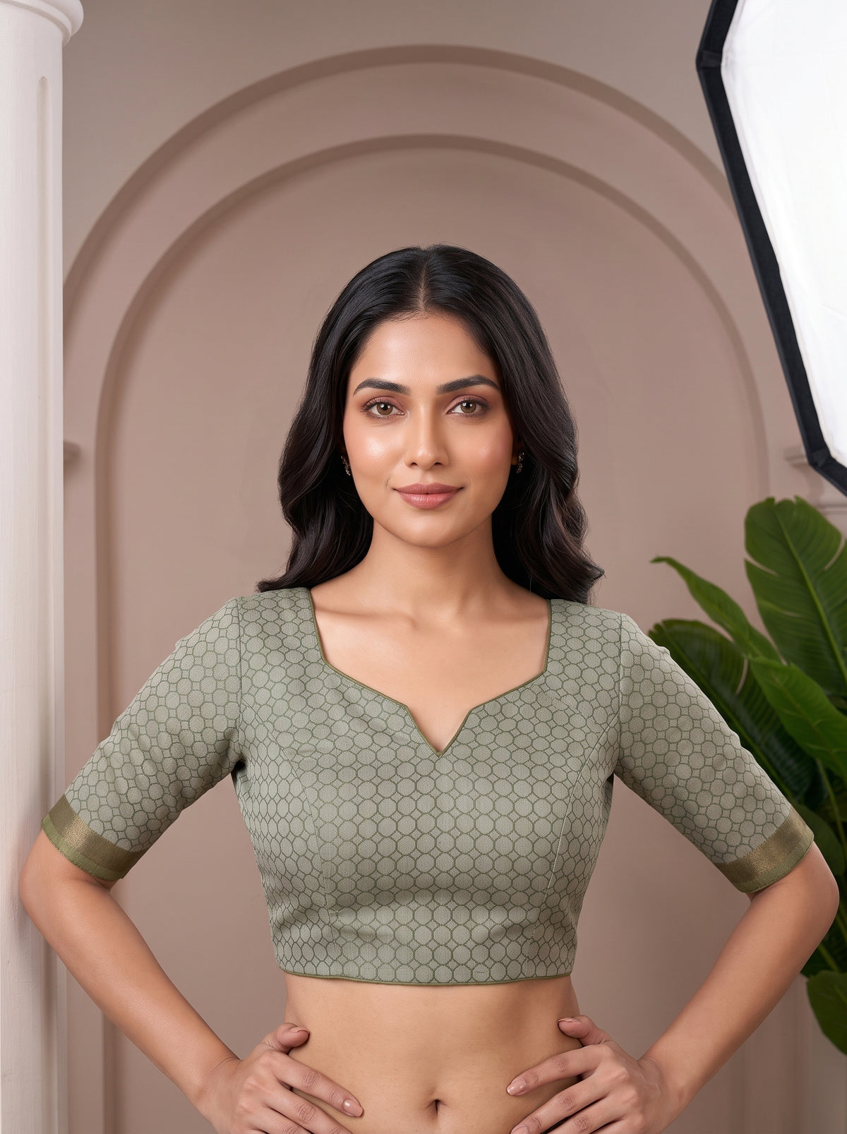 MIMOSA Rama Bhagalpuri Cotton linen Saree — blouse close-up