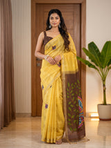MIMOSA Mustard Bhagalpuri Cotton Saree — front view on mannequin