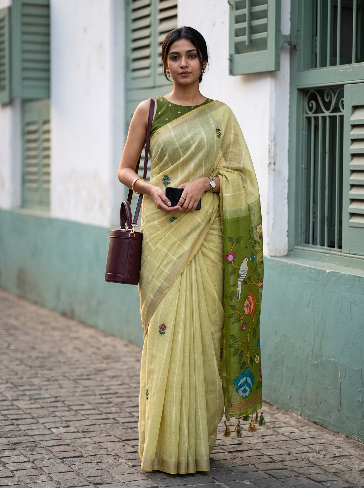 MIMOSA Chiku Bhagalpuri Cotton Saree — front view on mannequin