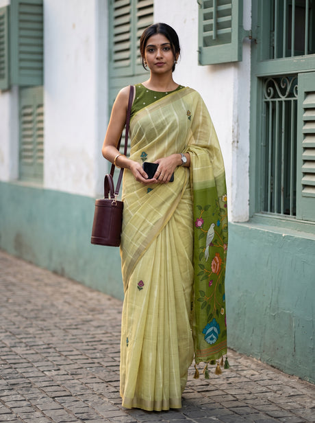 MIMOSA Chiku Bhagalpuri Cotton Saree — front view on mannequin