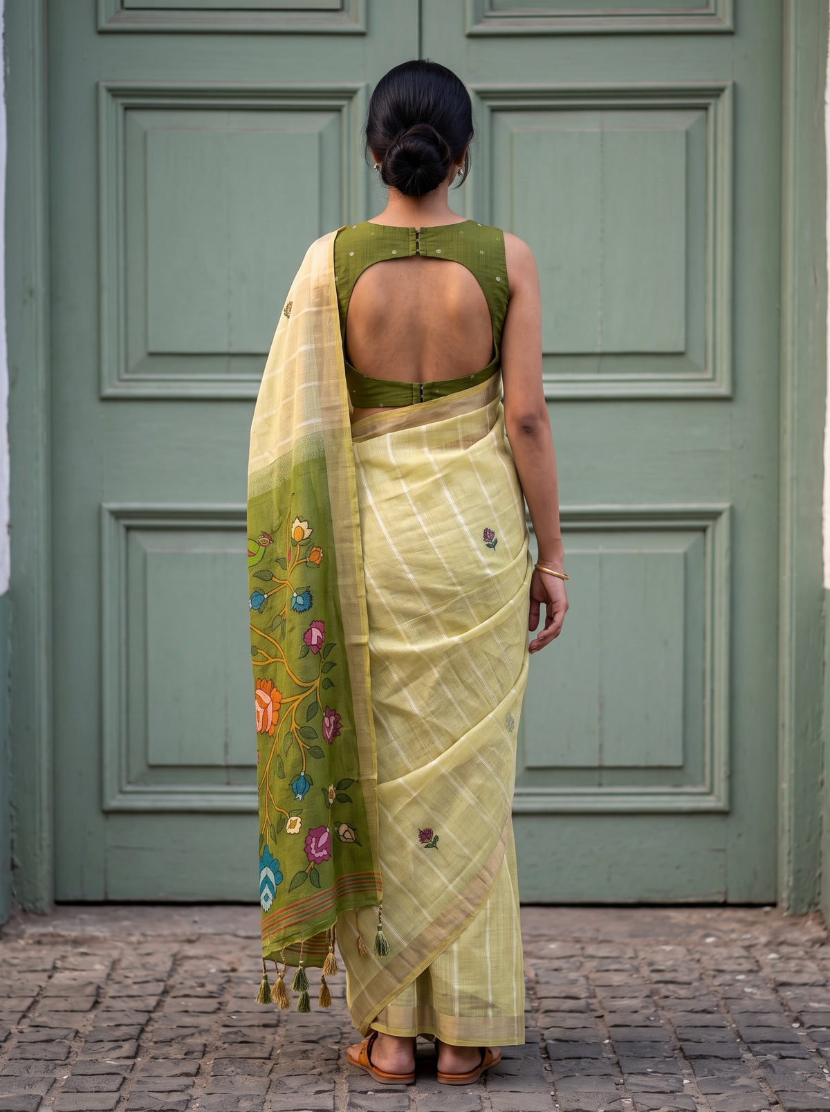 MIMOSA Chiku Bhagalpuri Cotton Saree — pose 2 styling detail
