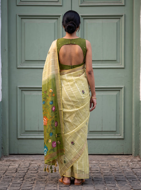 MIMOSA Chiku Bhagalpuri Cotton Saree — pose 2 styling detail