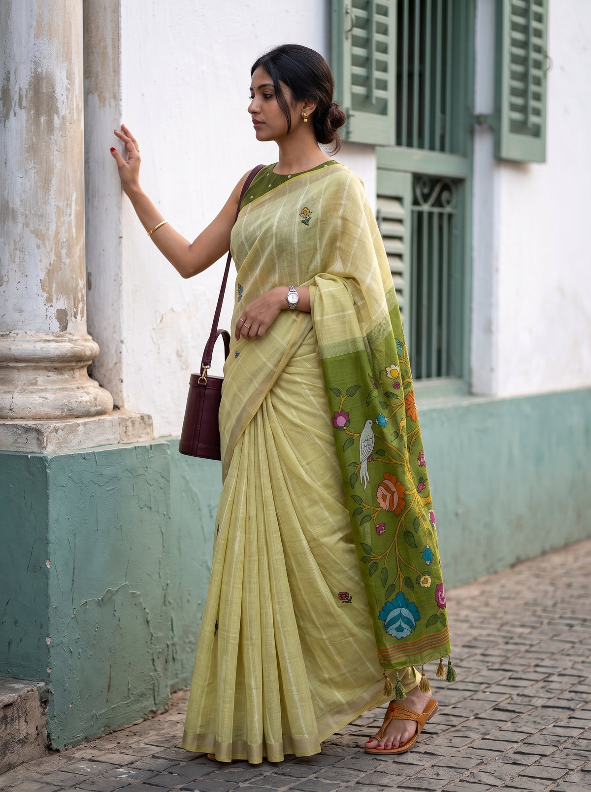 MIMOSA Chiku Bhagalpuri Cotton Saree — pose 3 styling detail