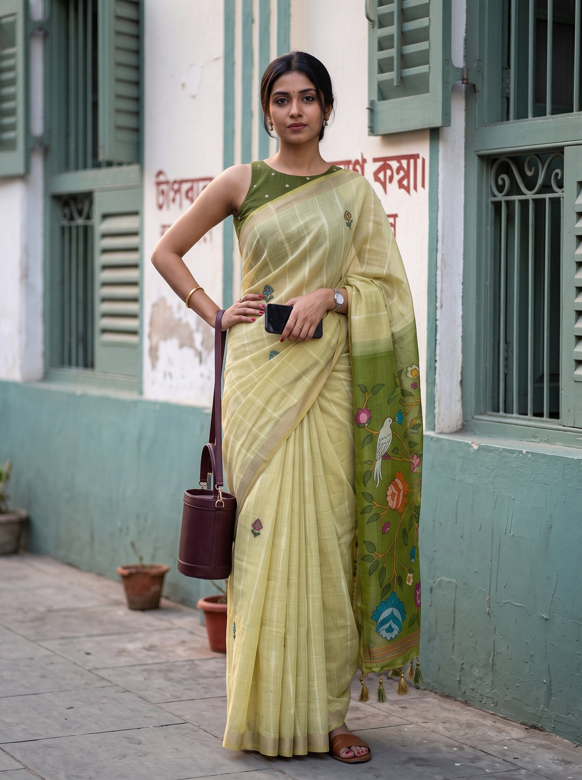MIMOSA Chiku Bhagalpuri Cotton Saree — pose 4 styling detail