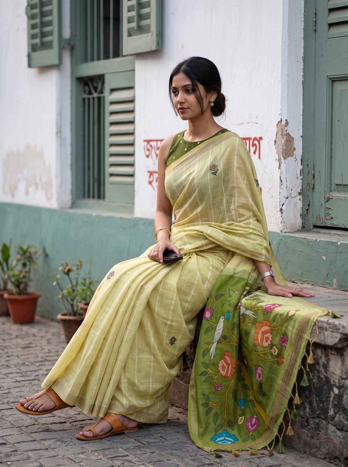 MIMOSA Chiku Bhagalpuri Cotton Saree — pose 8 styling detail