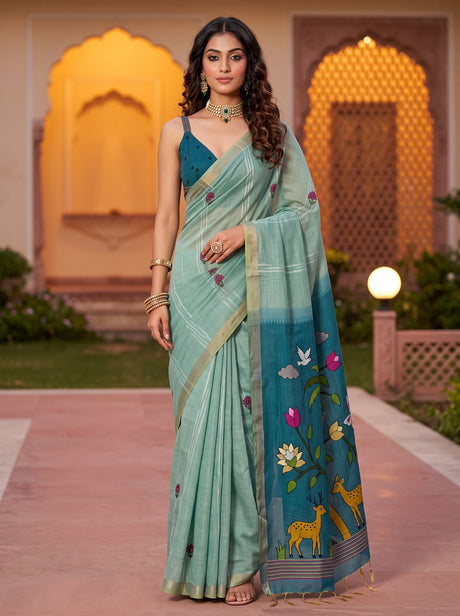 MIMOSA Sea Green Bhagalpuri Cotton linen Saree — AI model lifestyle pose