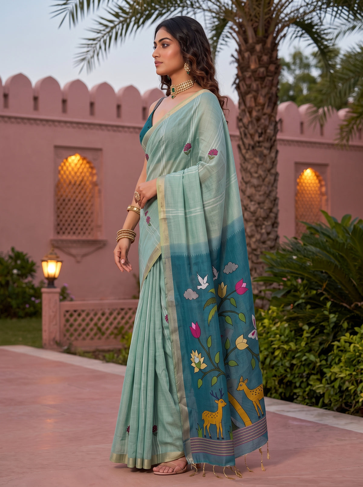 MIMOSA Sea Green Bhagalpuri Cotton linen Saree — pose 3 styling detail