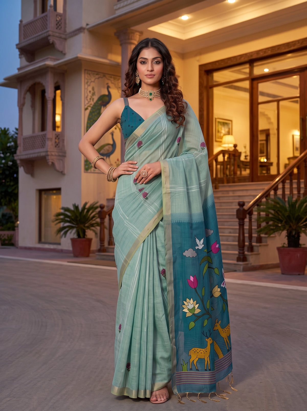 MIMOSA Sea Green Bhagalpuri Cotton linen Saree — pose 4 styling detail