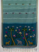 MIMOSA Sea Green Bhagalpuri Cotton linen Saree — pallu and zari work detail