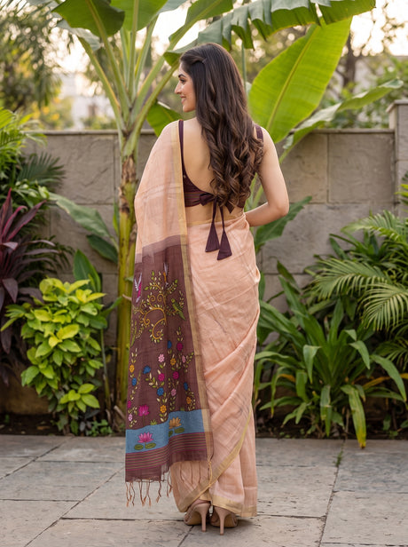 MIMOSA Chiku Bhagalpuri Cotton linen Saree — pallu and body detail