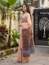 MIMOSA Chiku Bhagalpuri Cotton linen Saree — model smiling close up