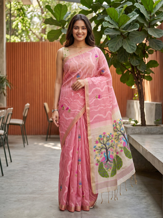 MIMOSA Pink Bhagalpuri Cotton Saree — front view on mannequin