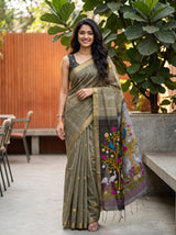 MIMOSA Grey Bhagalpuri Cotton Saree — front view on mannequin