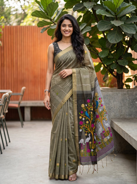 MIMOSA Grey Bhagalpuri Cotton Saree — front view on mannequin