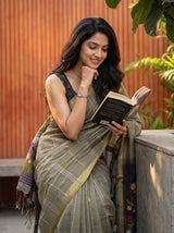 MIMOSA Grey Bhagalpuri Cotton Saree — pose 10 styling detail