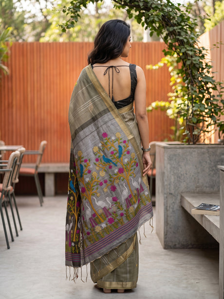 MIMOSA Grey Bhagalpuri Cotton Saree — pose 2 styling detail