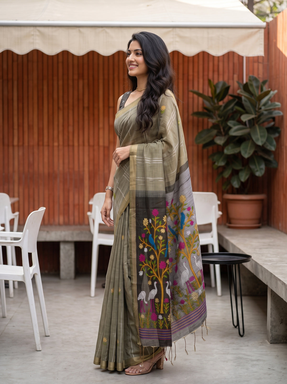 MIMOSA Grey Bhagalpuri Cotton Saree — pose 3 styling detail