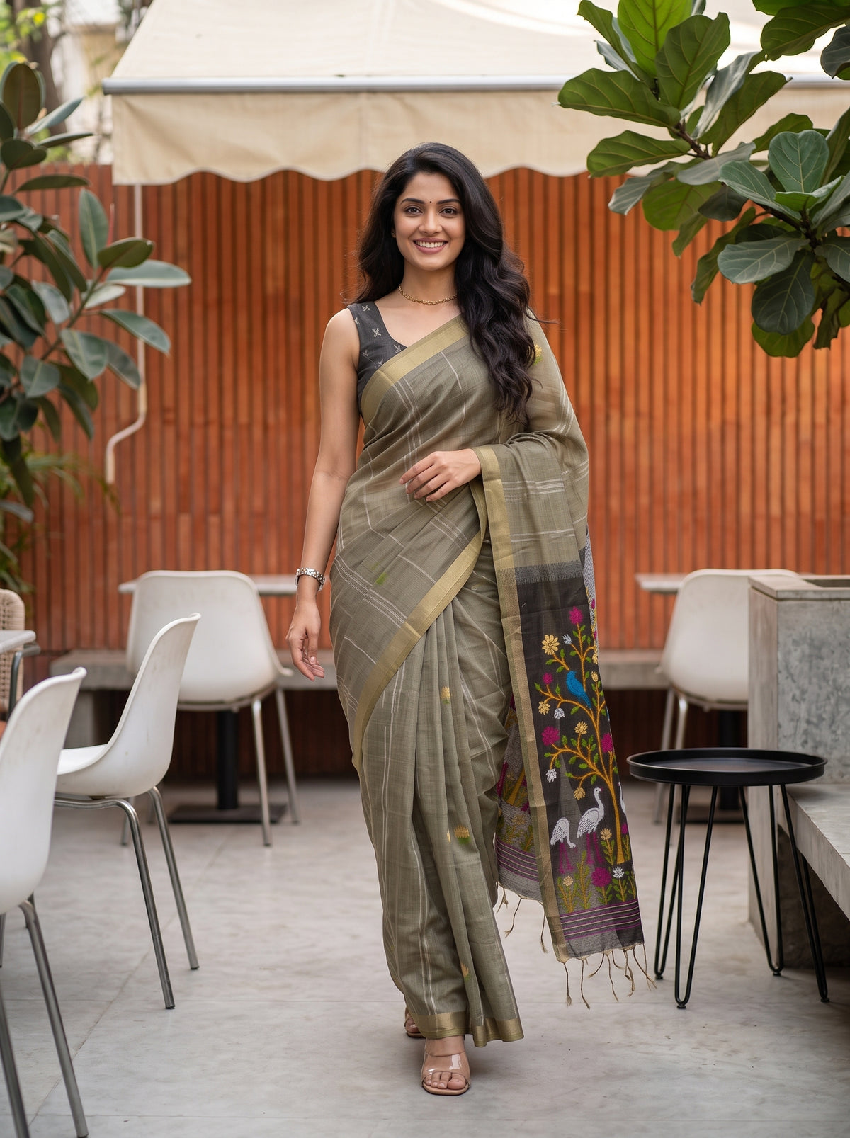 MIMOSA Grey Bhagalpuri Cotton Saree — pose 6 styling detail