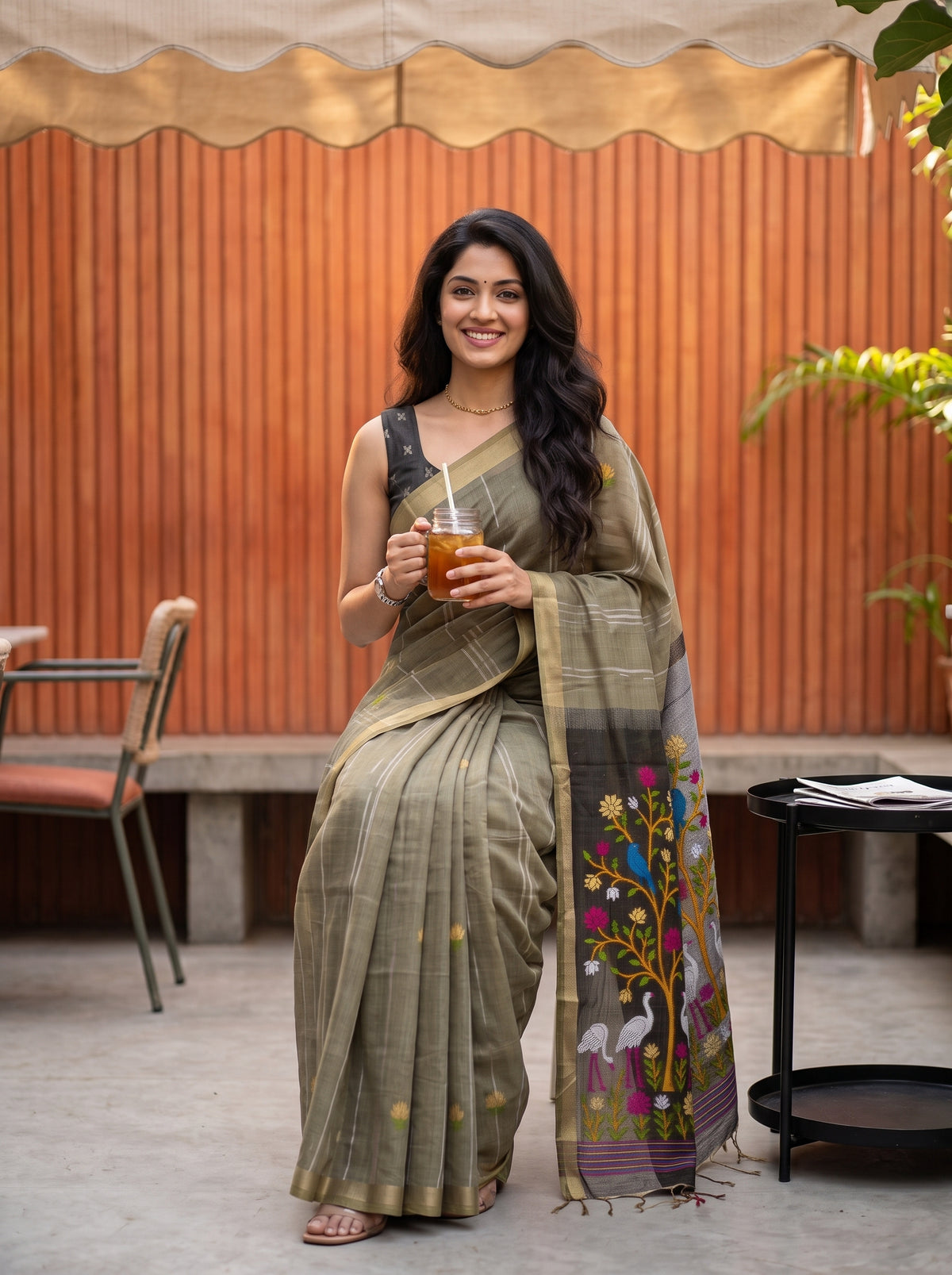 MIMOSA Grey Bhagalpuri Cotton Saree — pose 8 styling detail