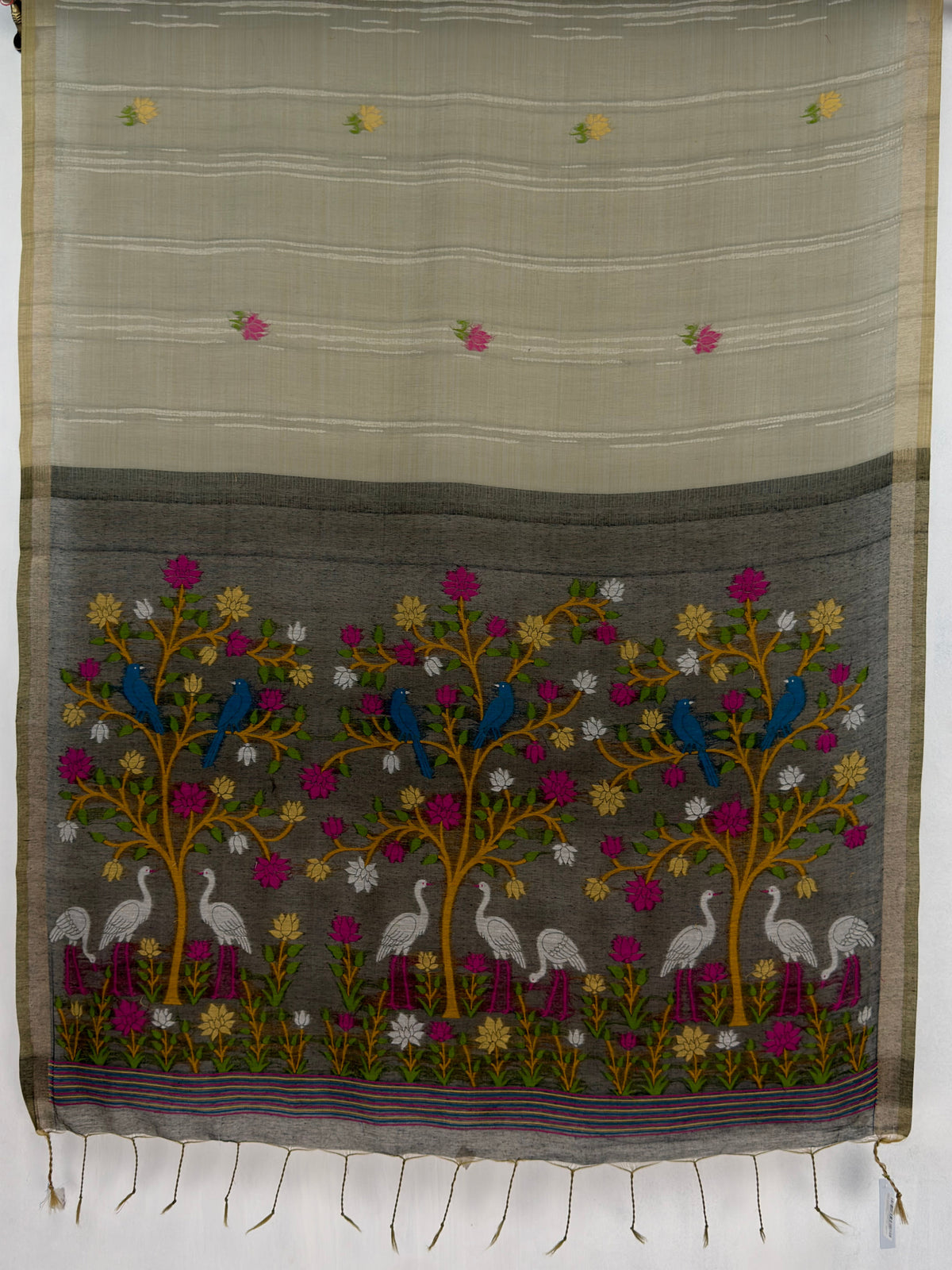MIMOSA Grey Bhagalpuri Cotton Saree — pallu and zari work detail