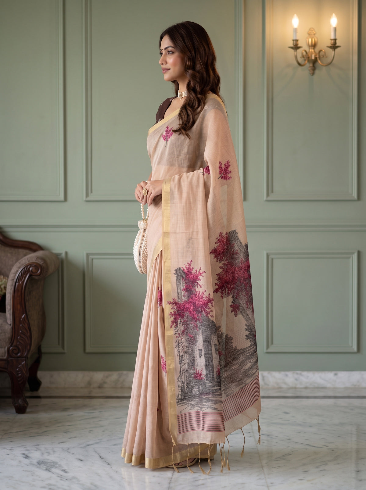 MIMOSA Peach Bhagalpuri Cotton Saree — pose 3 styling detail