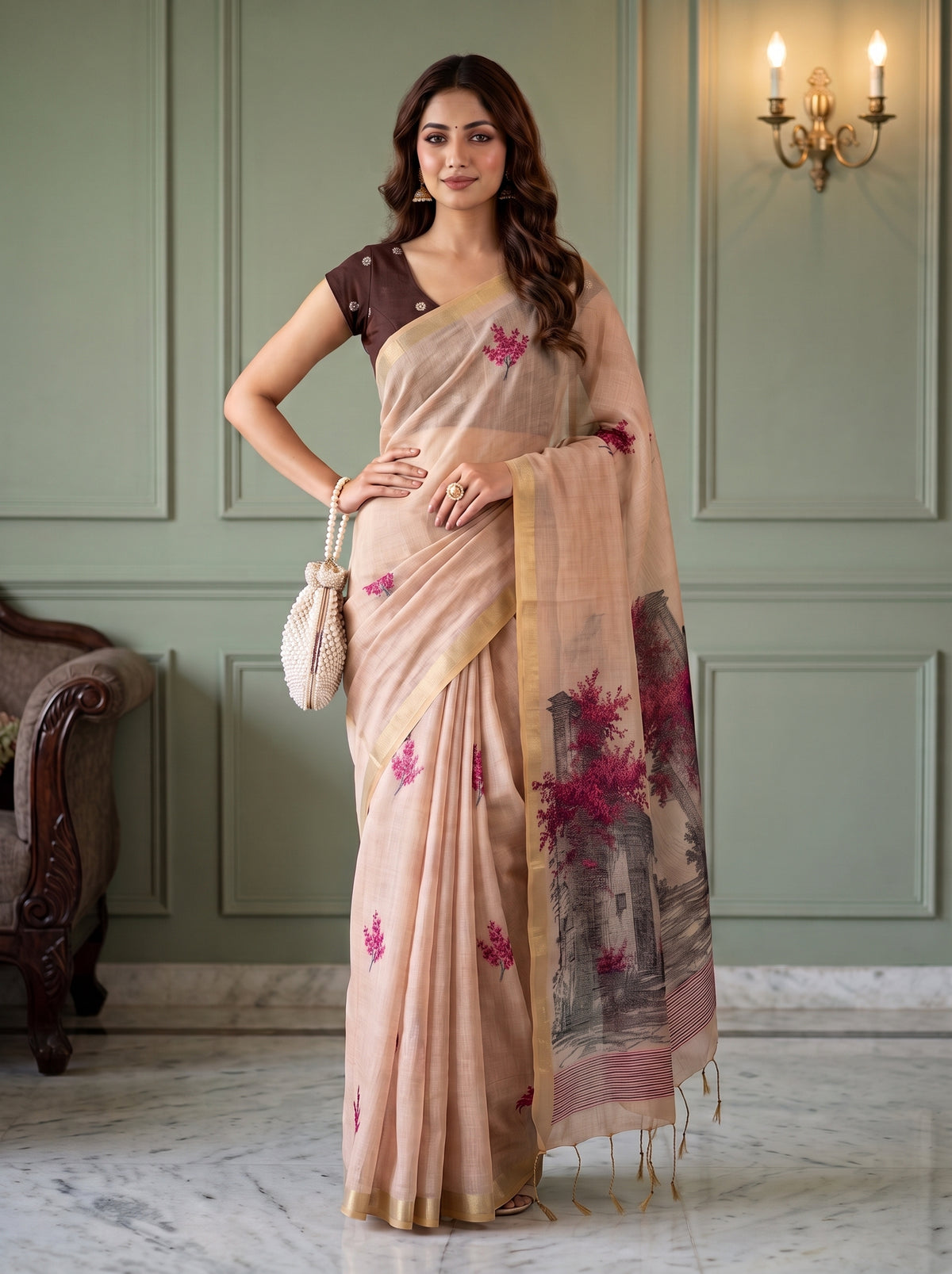 MIMOSA Peach Bhagalpuri Cotton Saree — pose 4 styling detail