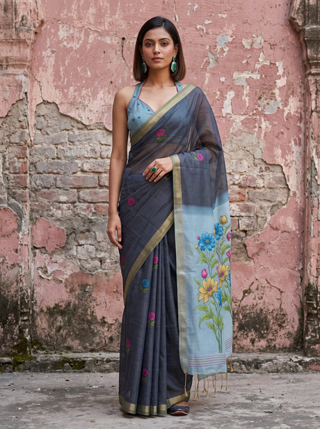 MIMOSA Navy Bhagalpuri Cotton linen Saree — model wearing