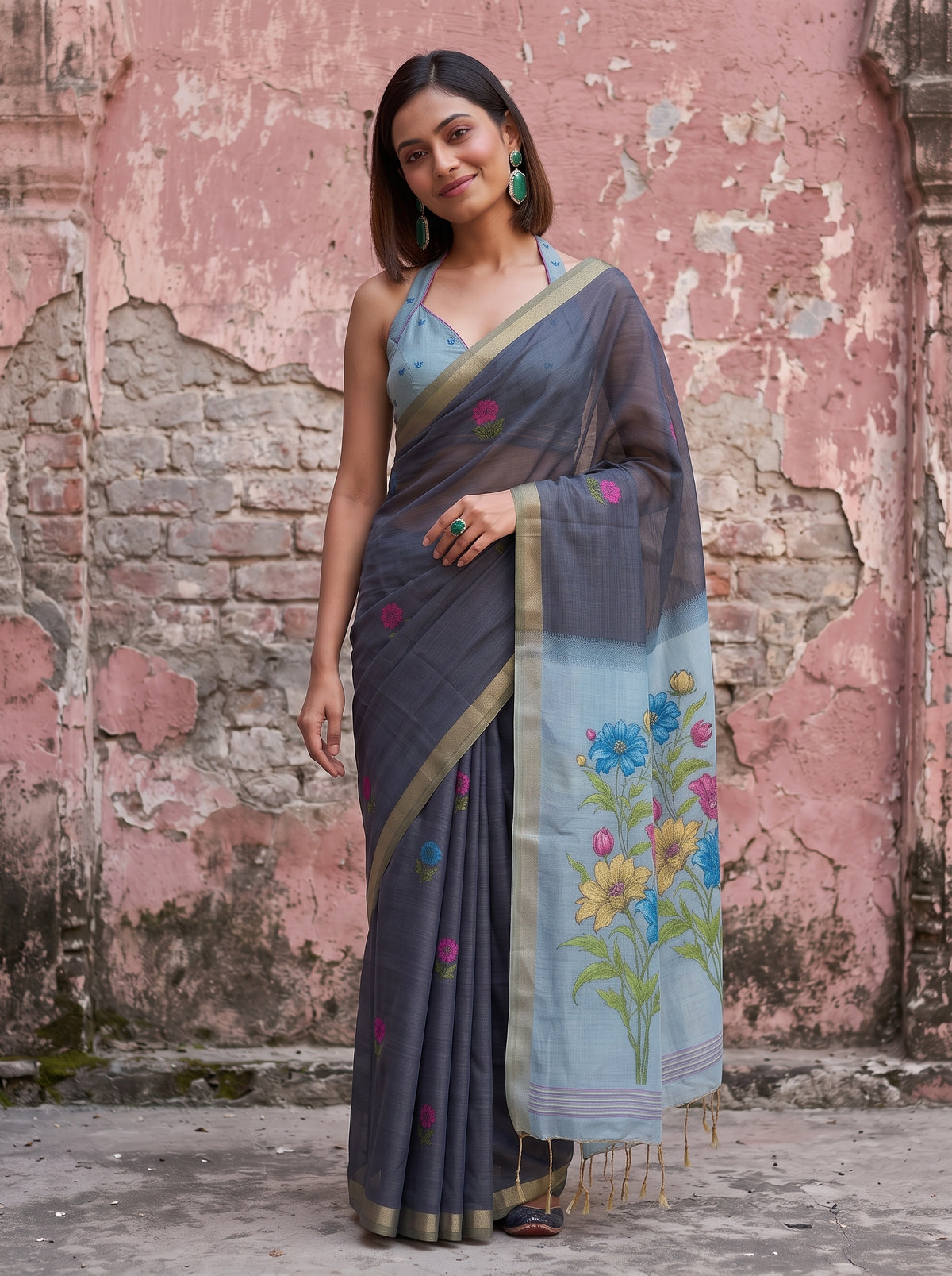 MIMOSA Navy Bhagalpuri Cotton linen Saree — pose 10 styling detail