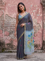 MIMOSA Navy Bhagalpuri Cotton linen Saree — pose 10 styling detail
