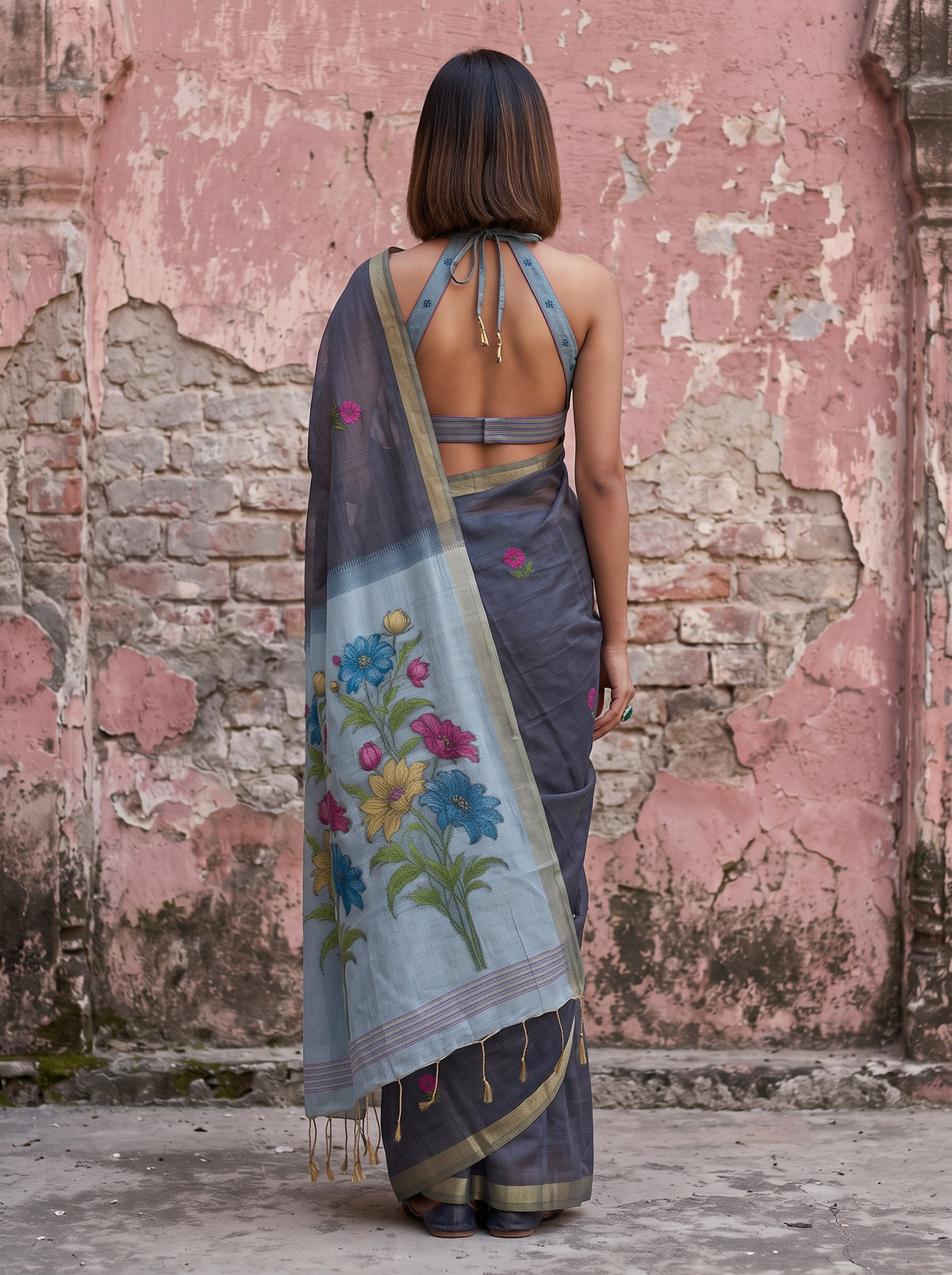 MIMOSA Navy Bhagalpuri Cotton linen Saree — close-up of model's face