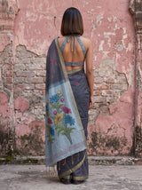 MIMOSA Navy Bhagalpuri Cotton linen Saree — close-up of model's face