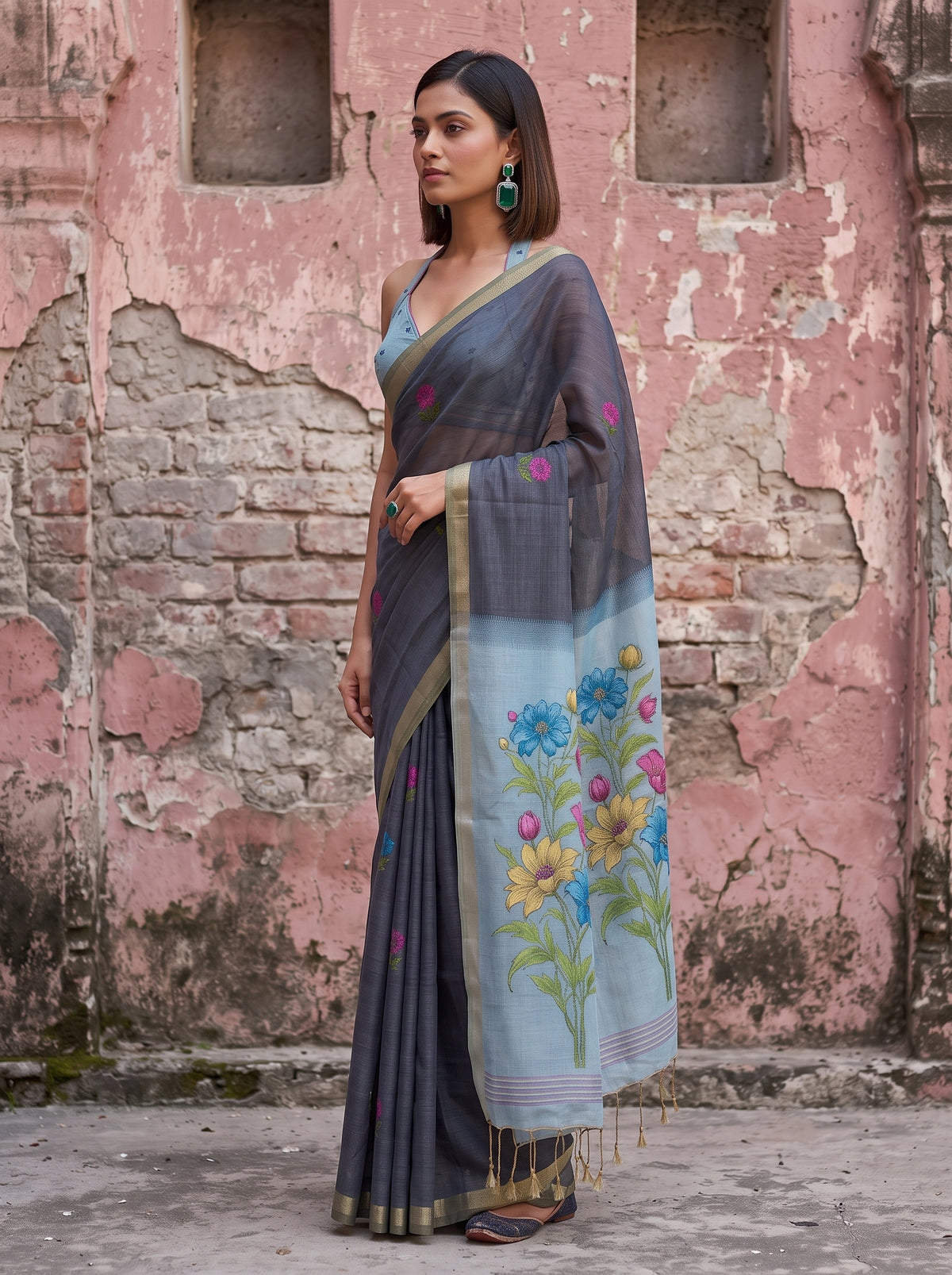 MIMOSA Navy Bhagalpuri Cotton linen Saree — close-up of model's arm and ring