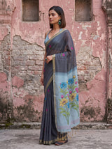 MIMOSA Navy Bhagalpuri Cotton linen Saree — close-up of model's arm and ring
