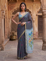MIMOSA Navy Bhagalpuri Cotton linen Saree — close-up of pallu and floral design