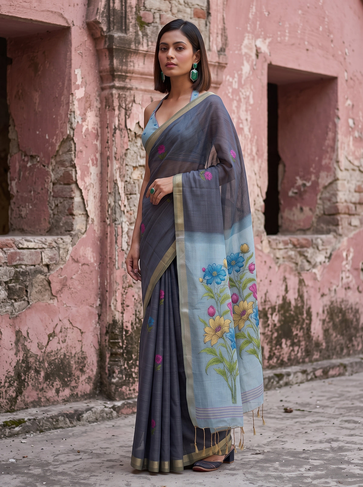 MIMOSA Navy Bhagalpuri Cotton linen Saree — close-up of saree pleats and feet