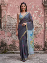 MIMOSA Navy Bhagalpuri Cotton linen Saree — pose 6 styling detail